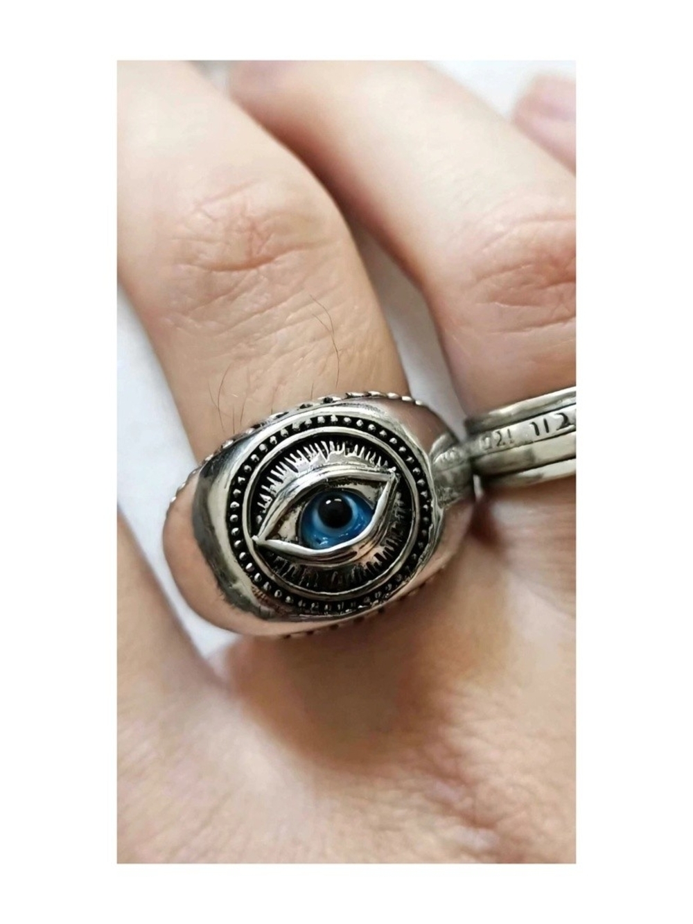 Sterling Silver Evil Eye Signet Ring with Blue Center Stone